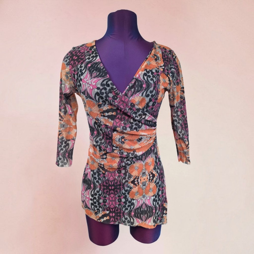 Sweet Pea by Stacy Frati Mesh Top Floral Faux Wrap Ruched Large Vintage Y2K